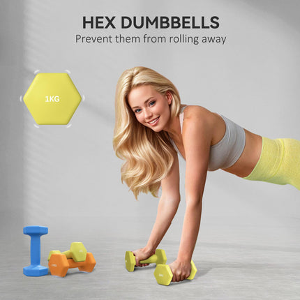 2 x 1kg, 2 x 1.5kg and 2 x 2kg Hexagonal Dumbbells Weights Set with Non-Slip Gri