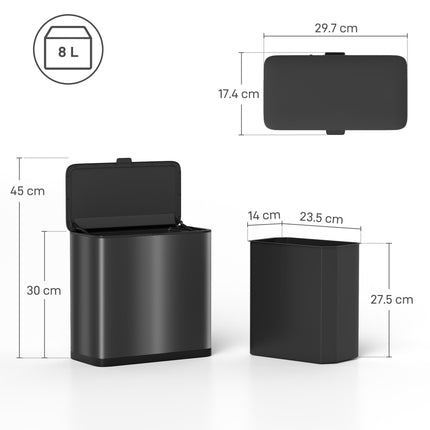 8L Hanging Kitchen Bin, Rubbish bin with Lid and Removable Inner Bucket for Kitchen Cabinet Door, Under Sink, Office