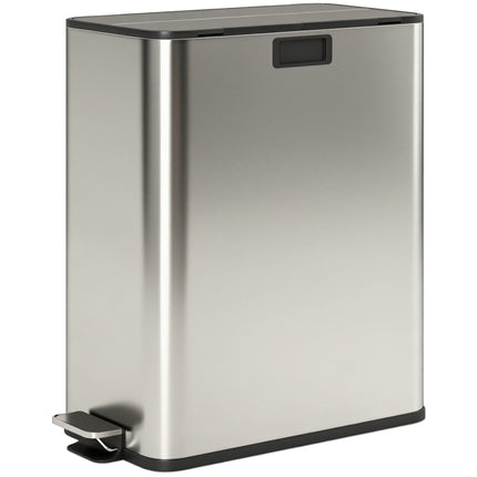 Dual Kitchen Bin with Soft-Close Butterfly Lid, 2 x 28L Stainless Steel Pedal Bin with Removable Inner Buckets, Fingerprint-Proof for Recycling and Waste, Silver Tone