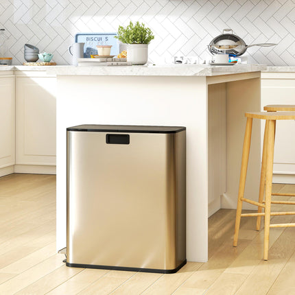 Dual Kitchen Bin with Soft-Close Butterfly Lid, 2 x 28L Stainless Steel Pedal Bin with Removable Inner Buckets, Fingerprint-Proof for Recycling and Waste, Silver Tone