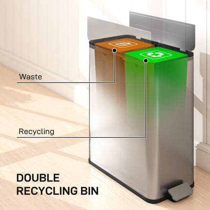 Dual Kitchen Bin with Soft-Close Butterfly Lid, 2 x 28L Stainless Steel Pedal Bin with Removable Inner Buckets, Fingerprint-Proof for Recycling and Waste, Silver Tone