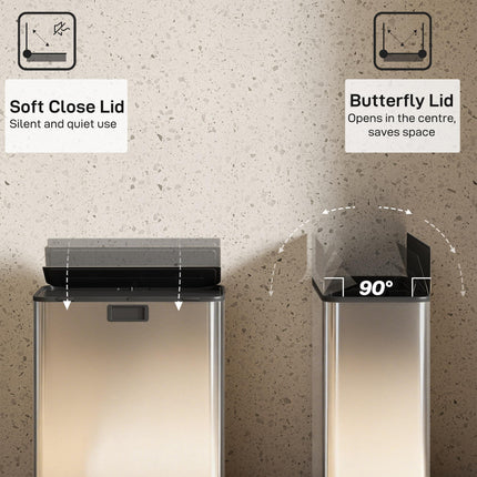 Dual Kitchen Bin with Soft-Close Butterfly Lid, 2 x 28L Stainless Steel Pedal Bin with Removable Inner Buckets, Fingerprint-Proof for Recycling and Waste, Silver Tone
