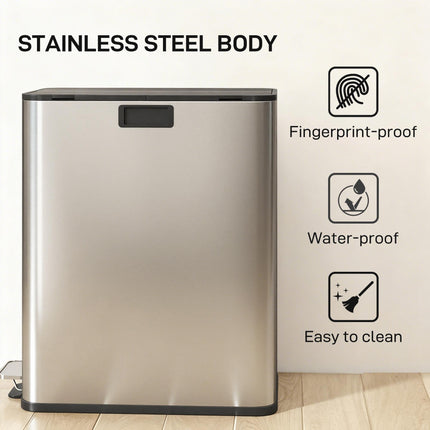 Dual Kitchen Bin with Soft-Close Butterfly Lid, 2 x 28L Stainless Steel Pedal Bin with Removable Inner Buckets, Fingerprint-Proof for Recycling and Waste, Silver Tone