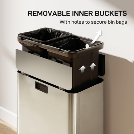 Dual Kitchen Bin with Soft-Close Butterfly Lid, 2 x 28L Stainless Steel Pedal Bin with Removable Inner Buckets, Fingerprint-Proof for Recycling and Waste, Silver Tone