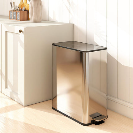 Dual Kitchen Bin with Soft-Close Butterfly Lid, 2 x 28L Stainless Steel Pedal Bin with Removable Inner Buckets, Fingerprint-Proof for Recycling and Waste, Silver Tone