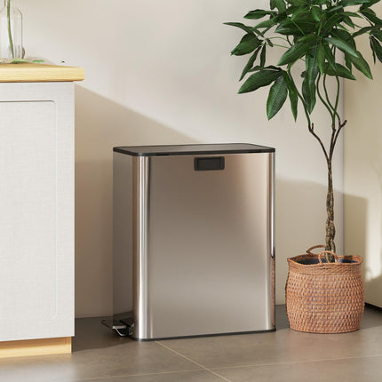 Dual Kitchen Bin with Soft-Close Butterfly Lid, 2 x 28L Stainless Steel Pedal Bin with Removable Inner Buckets, Fingerprint-Proof for Recycling and Waste, Silver Tone