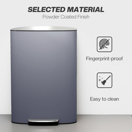 50L Kitchen Bin with Soft-Close Lid and Stay-Open Function, Stainless Steel Pedal Bin with Removable Inner Bucket, Carry Handle for Kitchen, Office, Home, Grey