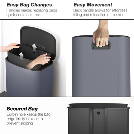 50L Kitchen Bin with Soft-Close Lid and Stay-Open Function, Stainless Steel Pedal Bin with Removable Inner Bucket, Carry Handle for Kitchen, Office, Home, Grey