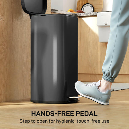 30L Kitchen Bin, Compact Pedal Bin with Soft-Close and Stay-Open Lid, Removable Bucket for Kitchen, Home, Office, Black
