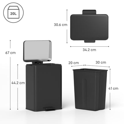 20L Kitchen Bin with Soft-Close Lid and Stay-Open Function, Stainless Steel Pedal Bin with Removable Inner Bucket for Kitchen, Office, Home, Matte Black