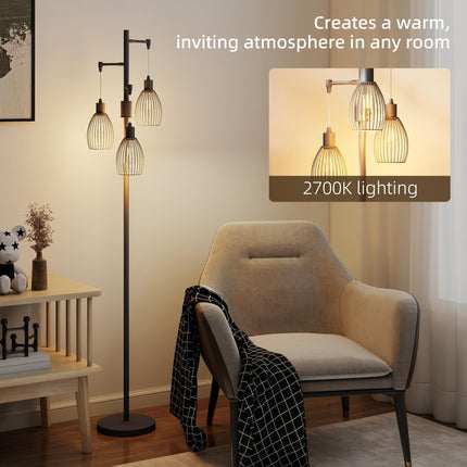 3-Light LED Floor Lamp, 170cm Industrial Dimmable Standing Lamp with Steel Wire Cage Lampshades, 2700K for Living Room, Bedroom, Dining Room, Study, Black