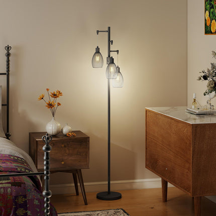 3-Light LED Floor Lamp, 170cm Industrial Dimmable Standing Lamp with Steel Wire Cage Lampshades, 2700K for Living Room, Bedroom, Dining Room, Study, Black