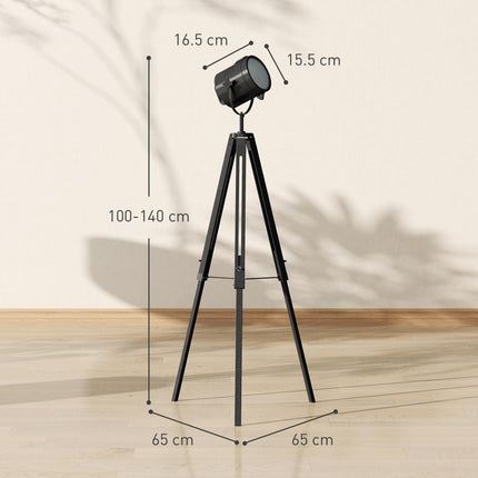 Industrial Tripod Floor Lamp, Nautical Searchlight with Adjustable Height, Wood Legs, E14 Lamp Base for Living Room, Bedroom, Black