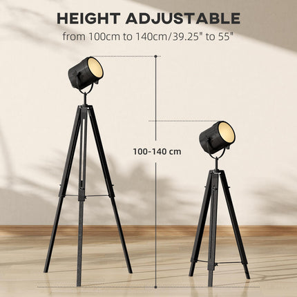 Industrial Tripod Floor Lamp, Nautical Searchlight with Adjustable Height, Wood Legs, E14 Lamp Base for Living Room, Bedroom, Black
