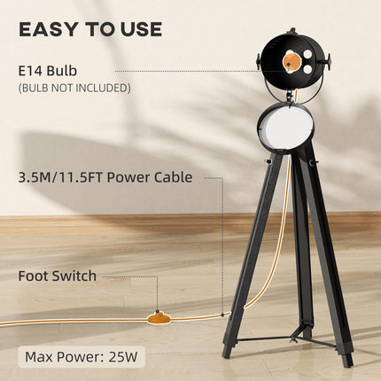 Industrial Tripod Floor Lamp, Nautical Searchlight with Adjustable Height, Wood Legs, E14 Lamp Base for Living Room, Bedroom, Black