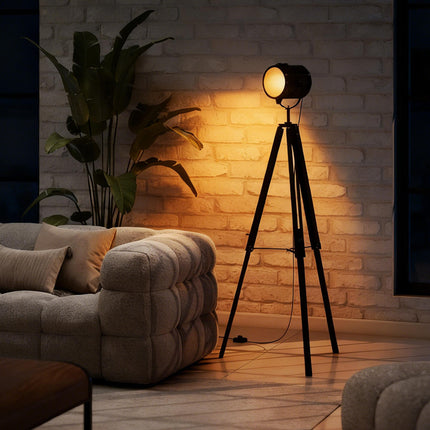 Industrial Tripod Floor Lamp, Nautical Searchlight with Adjustable Height, Wood Legs, E14 Lamp Base for Living Room, Bedroom, Black