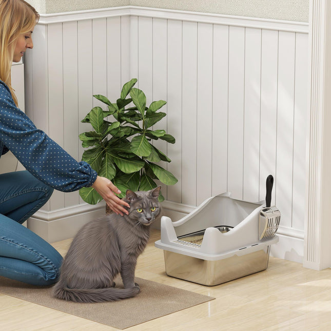 Stainless Steel Cat Litter Box with High Sides, Metal Scoop, 43 x 33 x 25 cm