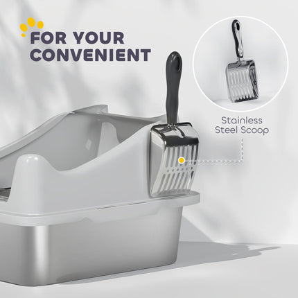 Stainless Steel Cat Litter Box with High Sides, Metal Scoop, 43 x 33 x 25 cm