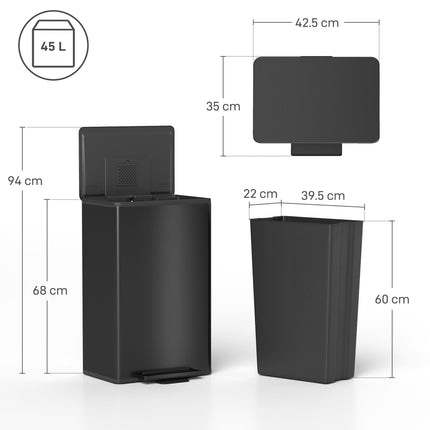 45L Kitchen Bin, Pedal Bin with Soft-Close and Stay-Open Lid, Removable Inner Bucket, Odor Control for Kitchen, Office