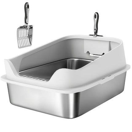 XL Stainless Steel Cat Litter Box with High Sides, Metal Scoop, 60 x 40 x 30 cm