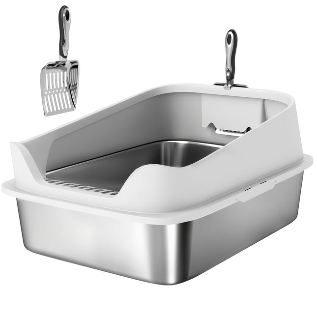 XL Stainless Steel Cat Litter Box with High Sides, Metal Scoop, 60 x 40 x 30 cm
