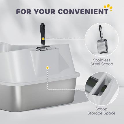 XL Stainless Steel Cat Litter Box with High Sides, Metal Scoop, 60 x 40 x 30 cm