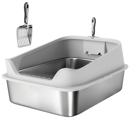 PawHut XXL Stainless Steel Cat Litter Box with High Sides, Metal Scoop, 70 x 50 x 30 cm
