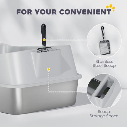 PawHut XXL Stainless Steel Cat Litter Box with High Sides, Metal Scoop, 70 x 50 x 30 cm