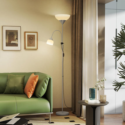 LED Floor Lamp for Living Room, 180cm Tall Standing Lamp, Mother and Child Uplighter with Adjustable Gooseneck, 3000K/4500K/6500K Colour Temperatures, Silver Tone
