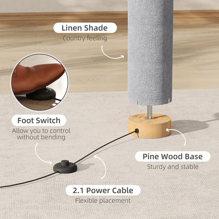 LED Floor Lamp for Living Room, 120cm Modern Standing Lamp with 3000K/4500K/6500K Colour Temperatures, Linen Shade and Wooden Base, Grey