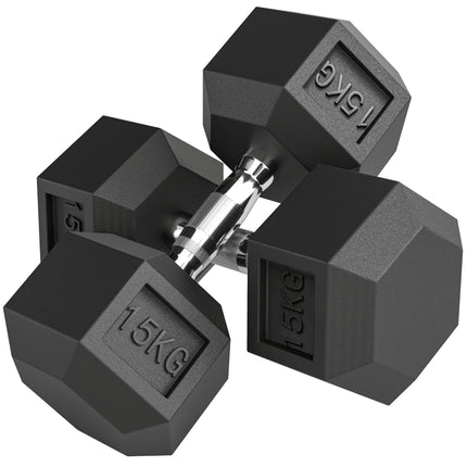 2x15KG Rubber Hex Dumbbell Portable Hand Weights Dumbbell Home Gym