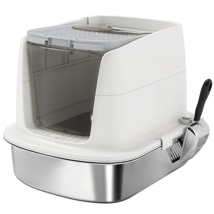 Large Stainless Steel Litter Box, Enclosed Metal Cat Litter Tray with Scoop, Deodoriser Bag, Front-Entry and Top-Exit