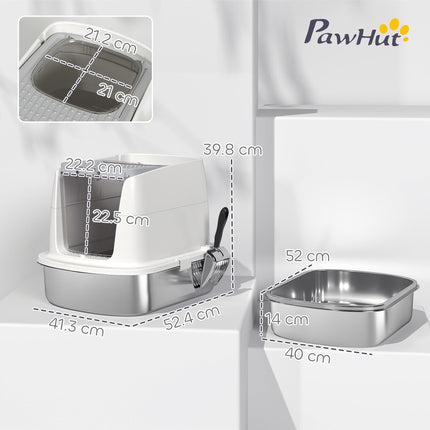 Large Stainless Steel Litter Box, Enclosed Metal Cat Litter Tray with Scoop, Deodoriser Bag, Front-Entry and Top-Exit