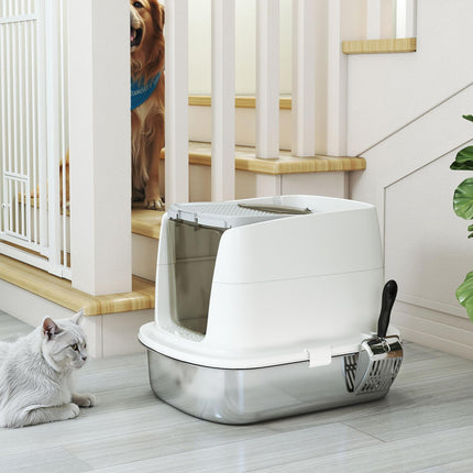 Large Stainless Steel Litter Box, Enclosed Metal Cat Litter Tray with Scoop, Deodoriser Bag, Front-Entry and Top-Exit