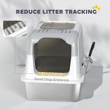 Extra Large Stainless Steel Litter Box, Enclosed Cat Litter Tray with Scoop, Deodorizer Bag, Front-Entry and Top-Exit