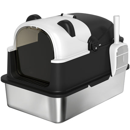 Panda Style XL Stainless Steel Cat Litter Box with Lid, Enclosed Kitty Litter Box with Scoop, 60 x 40 x 45 cm