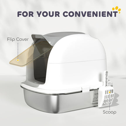 Stainless Steel Cat Litter Box with Lid, for Cats, Enclosed Cat Litter Box with Flip Cover, Scoop
