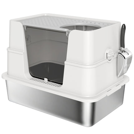 XL Stainless Steel Litter Box w/ 100¬∞ Flip Top, Scoop, Side Top Dual Entry, Odo
