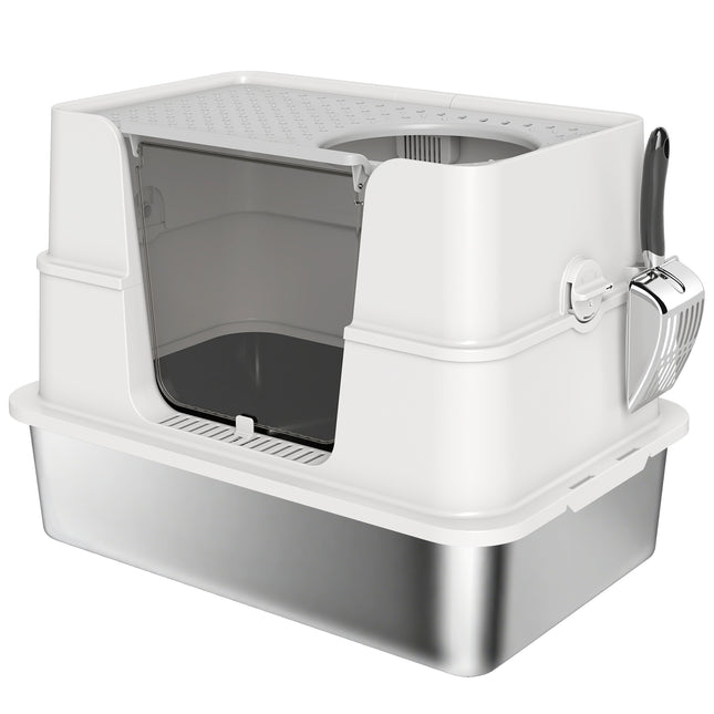 XL Stainless Steel Litter Box w/ 100¬∞ Flip Top, Scoop, Side Top Dual Entry, Odo