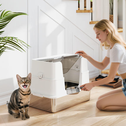 XL Stainless Steel Litter Box w/ 100¬∞ Flip Top, Scoop, Side Top Dual Entry, Odo