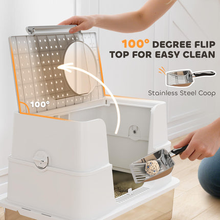 XL Stainless Steel Litter Box w/ 100¬∞ Flip Top, Scoop, Side Top Dual Entry, Odo