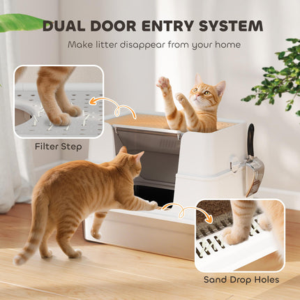 XL Stainless Steel Litter Box w/ 100¬∞ Flip Top, Scoop, Side Top Dual Entry, Odo