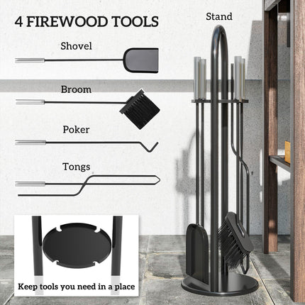 5 Pieces Fireplace Tools Set, Metal Fireplace Accessories Fireside Companion Set with Broom, Shovel, Poker and Bucket, Silver