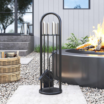 5 Pieces Fireplace Tools Set, Metal Fireplace Accessories Fireside Companion Set with Broom, Shovel, Poker and Bucket, Silver