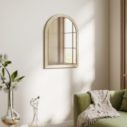 HOMCOM Arched Wall Mirror with Grooved Edge & Hooks, Wall-Mounted Mirror, Modern Tempered Glass & Polystyrene Beige
