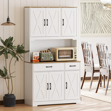 175 cm Tall Kitchen Pantry Cabinet with Microwave Stand, Freestanding Pantry Cupboard, White