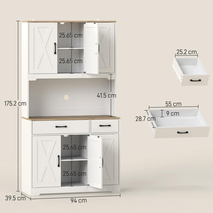 175 cm Tall Kitchen Pantry Cabinet with Microwave Stand, Freestanding Pantry Cupboard, White
