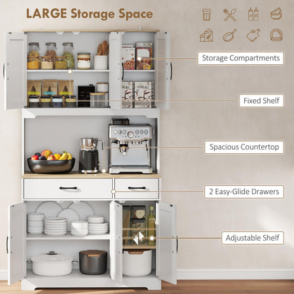 175 cm Tall Kitchen Pantry Cabinet with Microwave Stand, Freestanding Pantry Cupboard, White