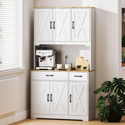175 cm Tall Kitchen Pantry Cabinet with Microwave Stand, Freestanding Pantry Cupboard, White