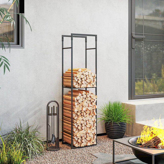 Metal Firewood Log Holder, Heavy Duty Firewood Rack with Adjustable Shelf, Indoor Outdoor Fireplace Wood Storage Shelf, 45 x 31 x 170 cm, Black